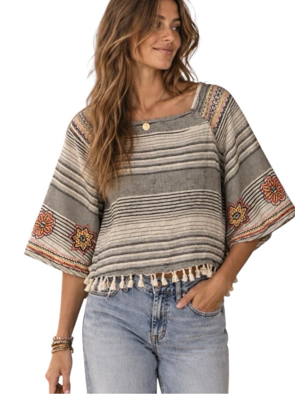 💕XOXO Women’s Y2K Blue White Striped Flowy Boho Tassel Embroidered Top Blouse S